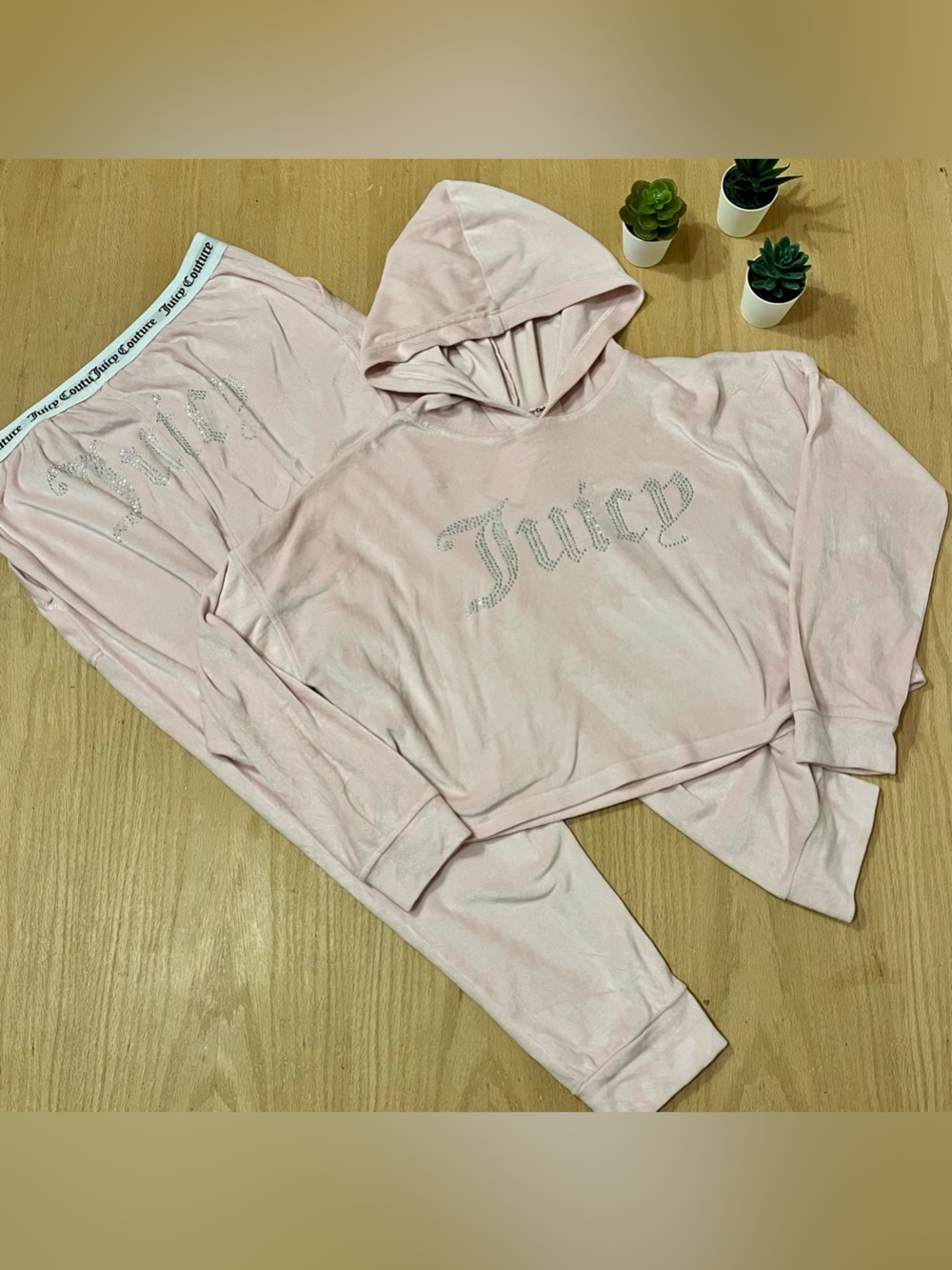 Juicy Couture Velour Track Suit Set Cropped Hoodie & Joggers Pink Studded Y2K